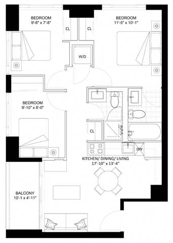 Floor plan for 3 beds, 2 baths, 738 sqft